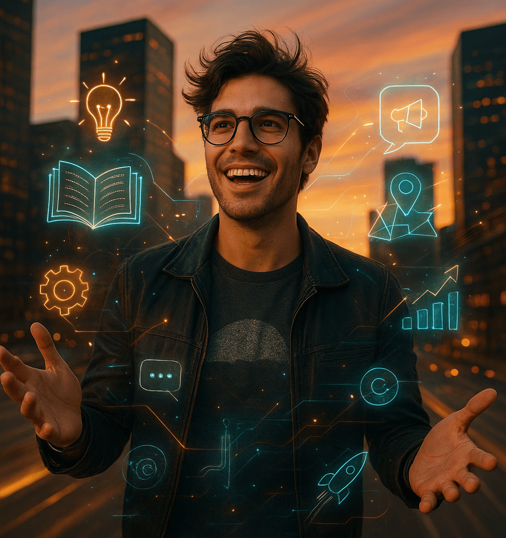 Pessoa jovem-adulta masculina, carismática e confiante, em ambiente urbano moderno ao pôr do sol, cercada por símbolos de criatividade, inovação e comunicação, representando personalidade ENTP.