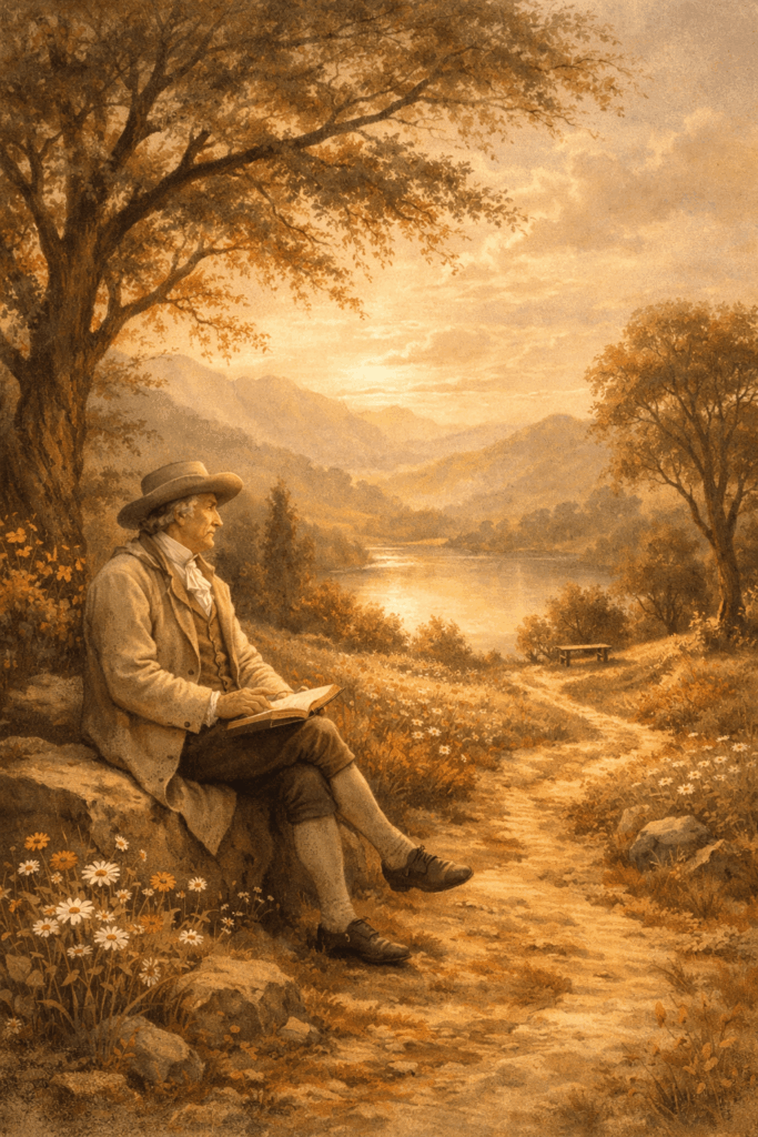 Uma cena serena ao estilo romântico mostra um homem idoso sentado sobre uma pedra, lendo calmamente em meio a um campo florido, com um caminho sinuoso que segue pela paisagem entre árvores e montanhas sob uma luz suave e dourada.