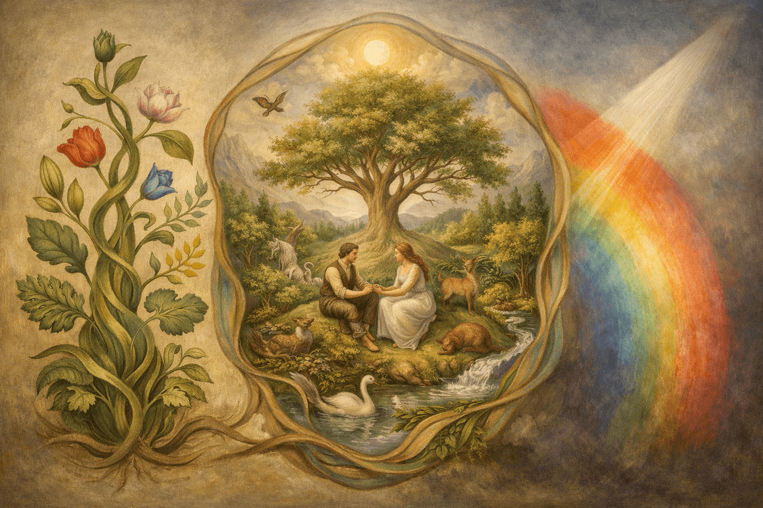 Representação artística de conceitos de Goethe sobre ciência, natureza e cores, incluindo a ideia da planta primordial, a teoria das cores e a visão holística da natureza.