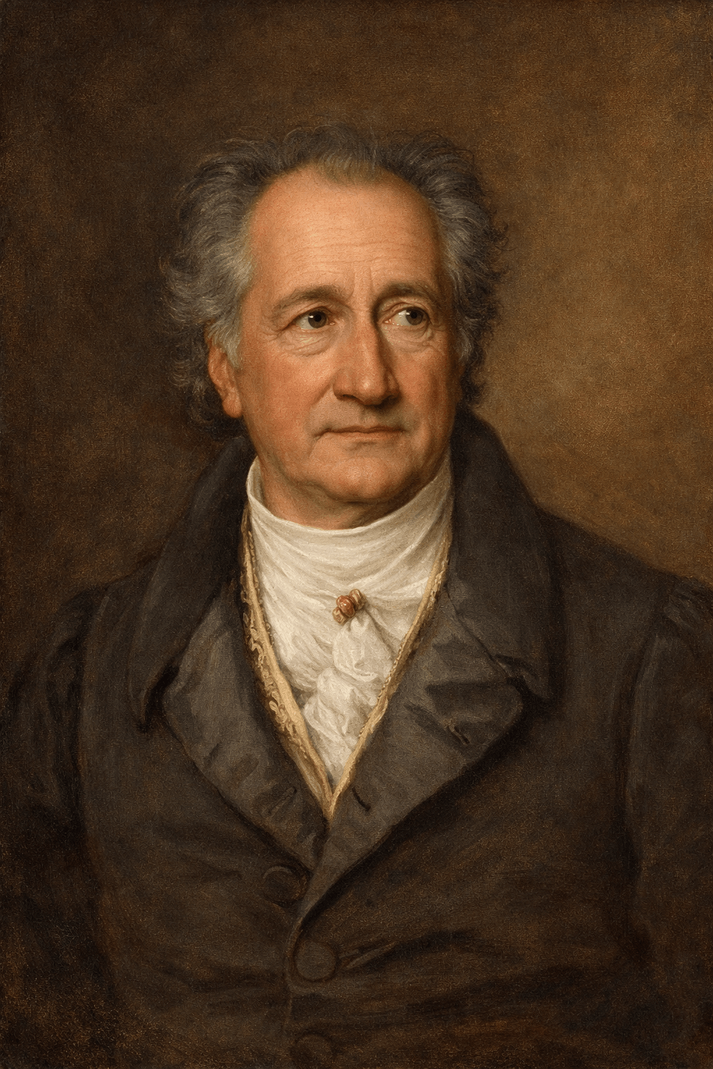 Retrato de Johann Wolfgang von Goethe, pensador e escritor alemão, com expressão serena e olhar contemplativo, vestindo trajes clássicos do século XVIII, em fundo marrom terroso.