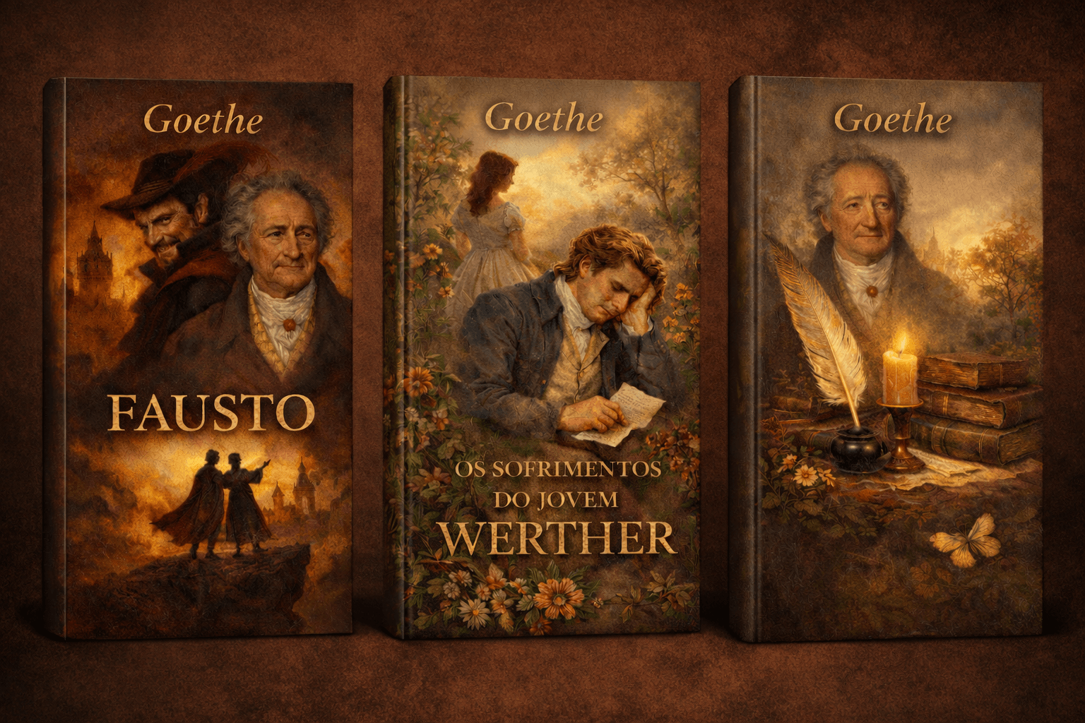 Tríplice de capas fictícias de livros de Goethe: Fausto, Os Sofrimentos do Jovem Werther e uma capa temática de Goethe, sobre fundo marrom texturizado, com sombras realçando os livros. As capas são artísticas e representam elementos das obras, mas de forma pouco literal.